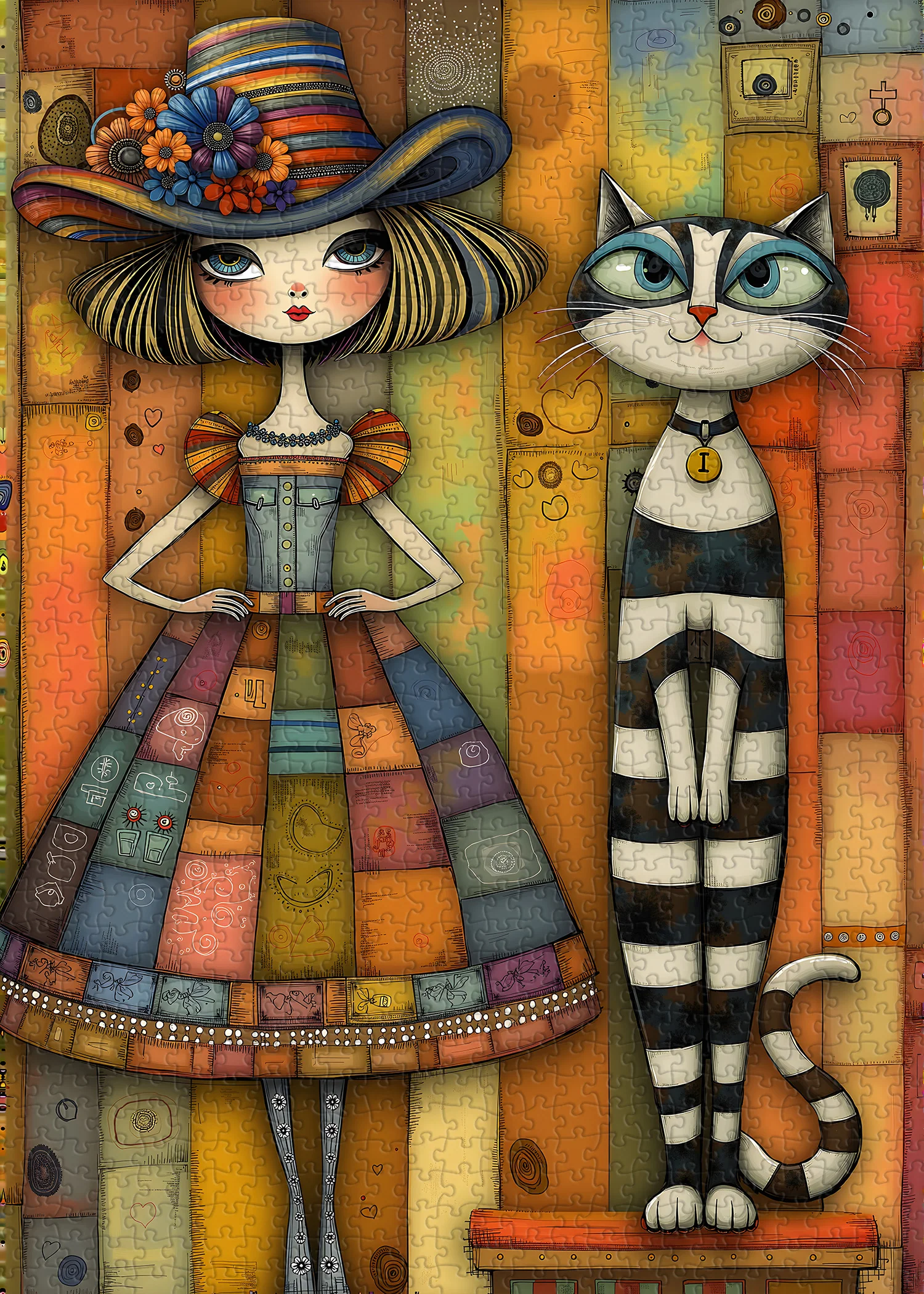 Patchwork Girl & Striped Cat Jigsaw Puzzle 1000 Pieces